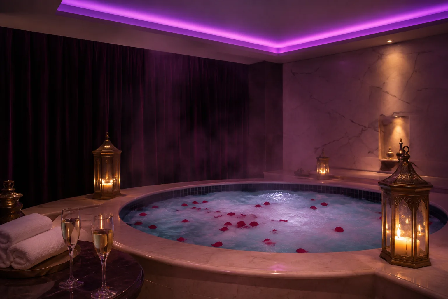 Jakuzili vip odanın mor ışıklı hâli — Lila Spa, Avcılar misafirlerine hizmet veren salon